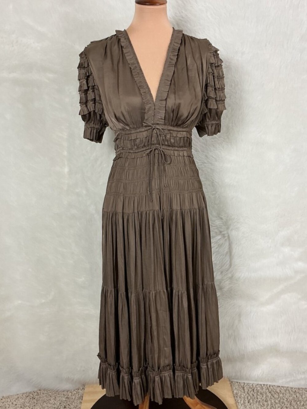 Ulla Johnson Gray Brown Short Sleeve Ruffle Pleated Carine Midi Dress Mica 2